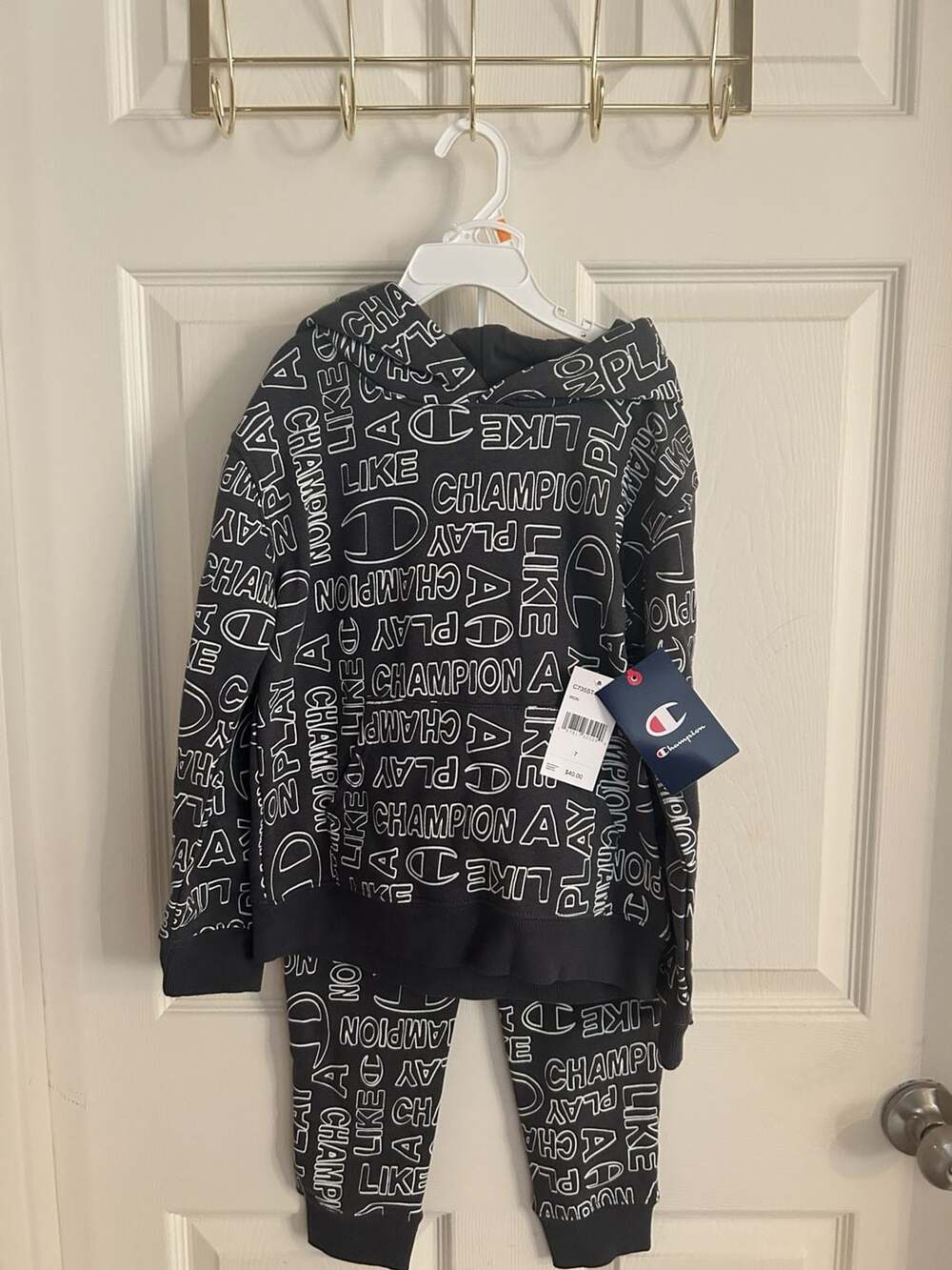 Champion Outfit Set Size 7 Black White Logo Print Hoodie Joggers